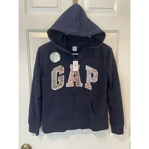 GAP Zip Up Hooded Sweatshirt Navy Blue Sparkle Sequin Logo Girls Nwt Size 12 XL